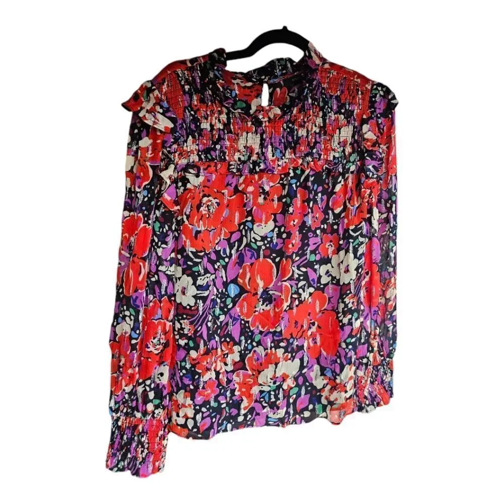 J CREW Smocked Popover‎ Top in Lurex Dot Floral Print - Size Medium